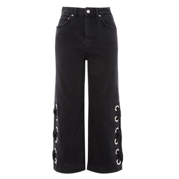 Topshop Lace Hem Wide Leg Cropped Jeans - Picture 4 of 7
